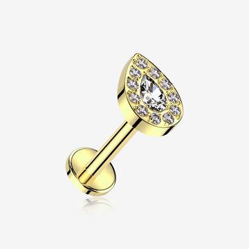 Implant Grade Titanium Golden Brilliant Teardrop Sparkle Internally Threaded Flat Back Stud Labret-Clear Gem